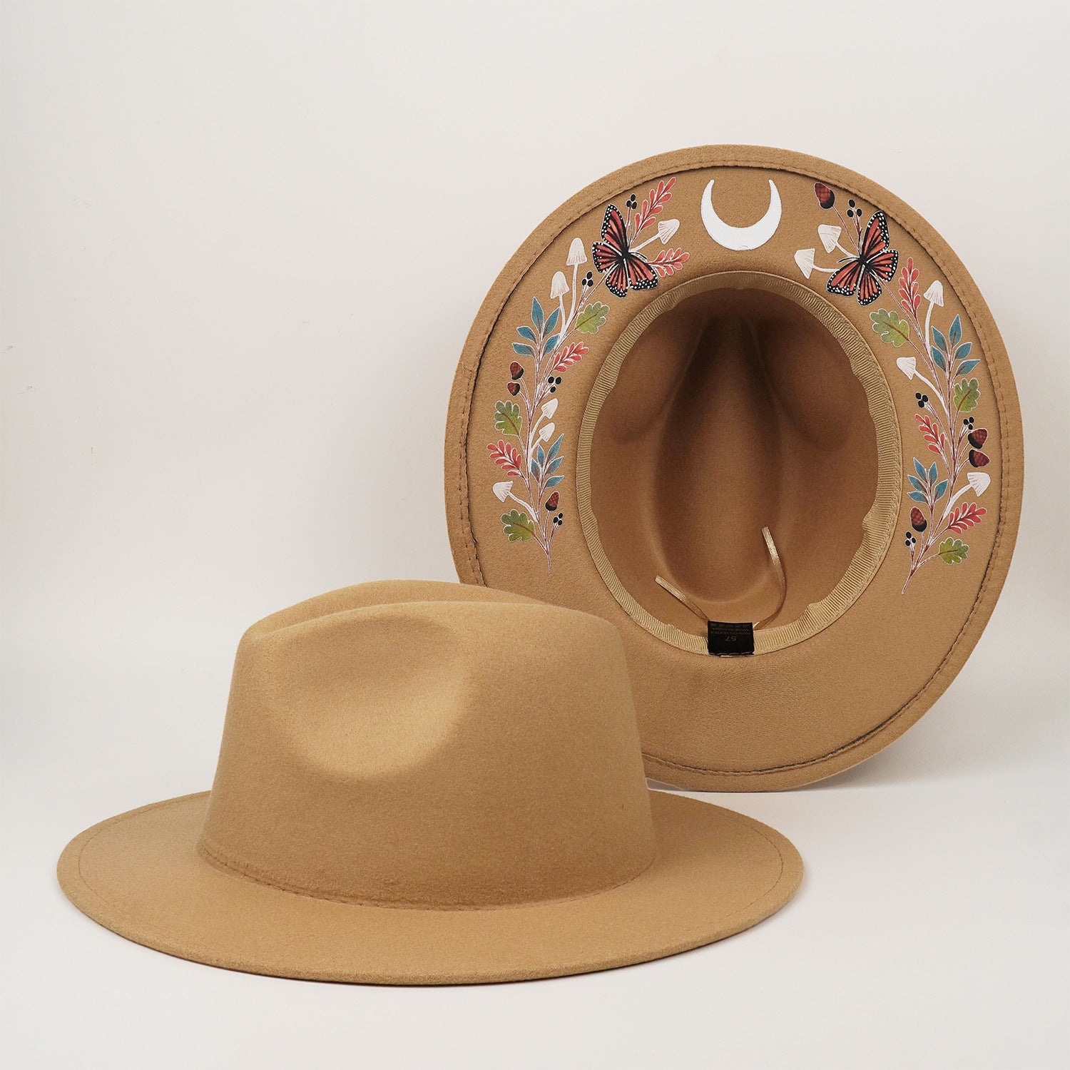 Embroidered Print Wide Brim Felt Hat Vintage Pattern Design