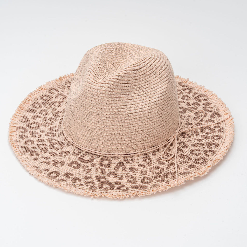 Leopard Print Woven Straw Wide Brim Hat