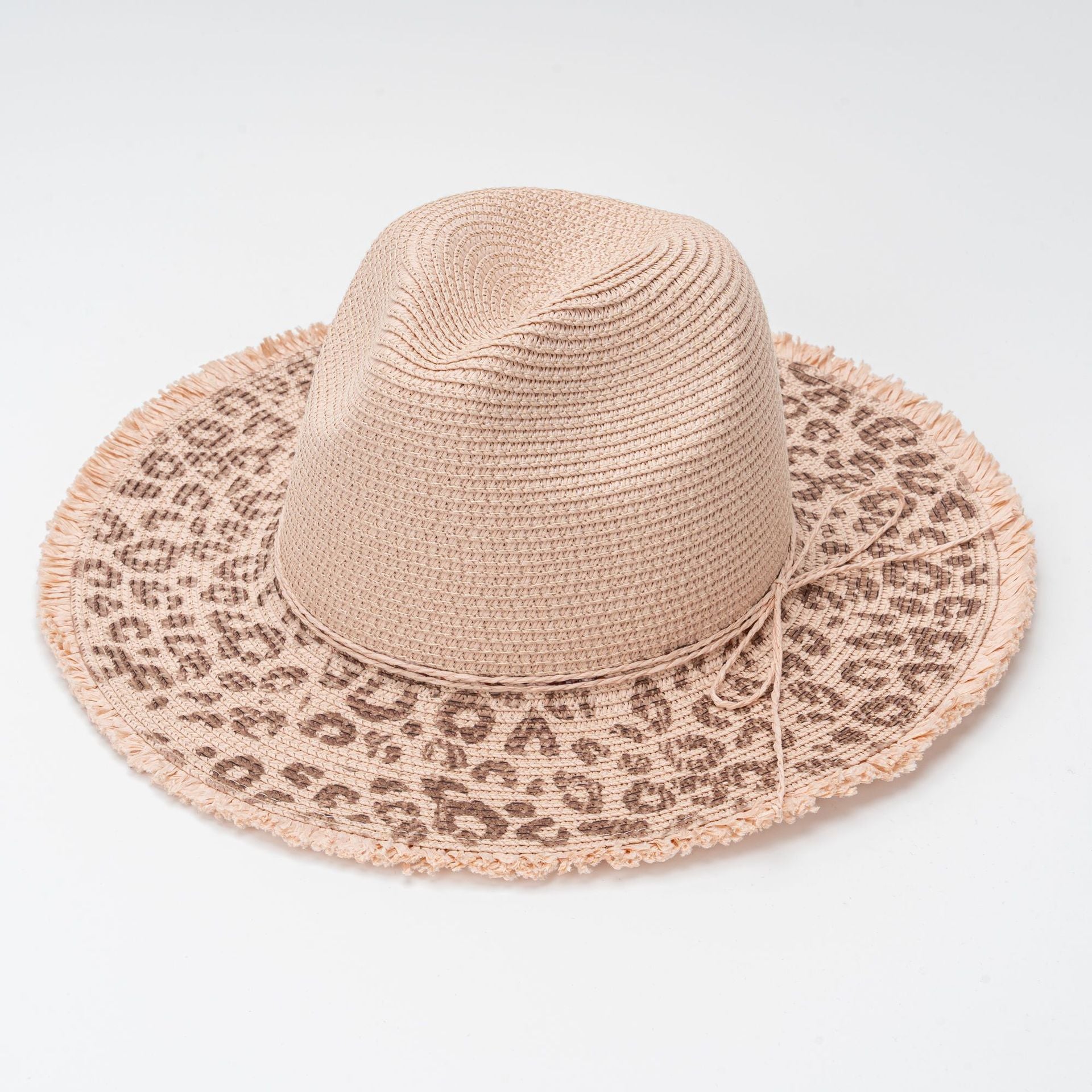 Leopard Print Woven Straw Hat Wide Brim Sun Hat