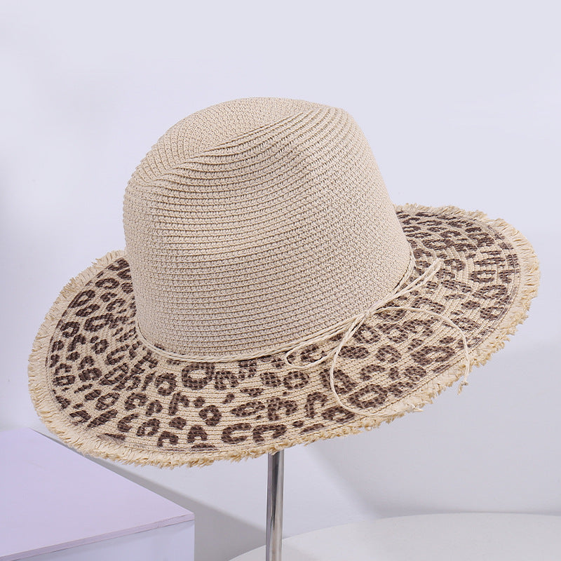 Leopard Print Woven Straw Hat Wide Brim Sun Hat