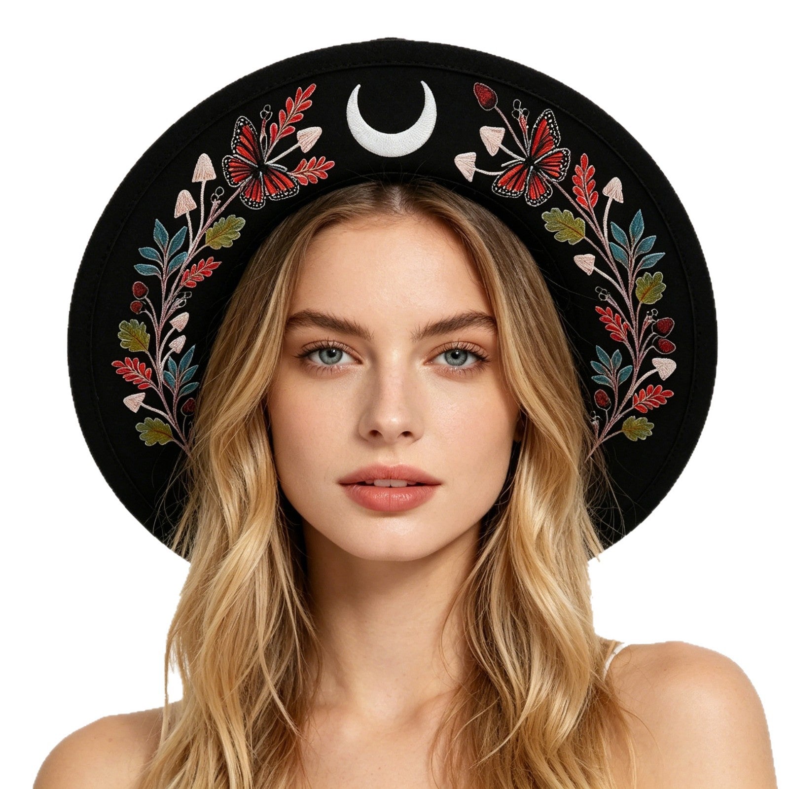 Embroidered Print Wide Brim Felt Hat Vintage Pattern Design