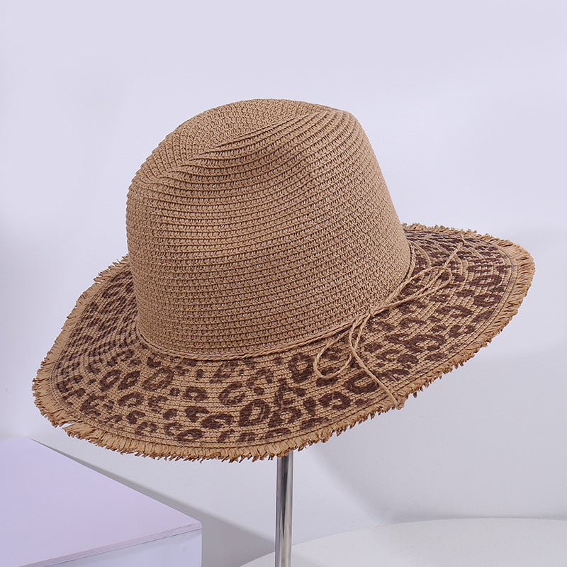 Leopard Print Woven Straw Hat Wide Brim Sun Hat