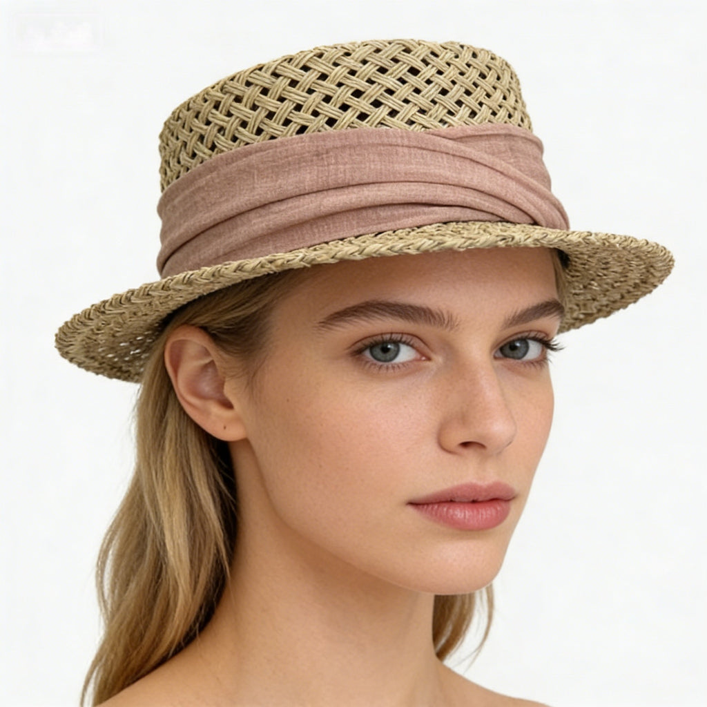 Woven Straw Wide Brim Hat with Bow Band