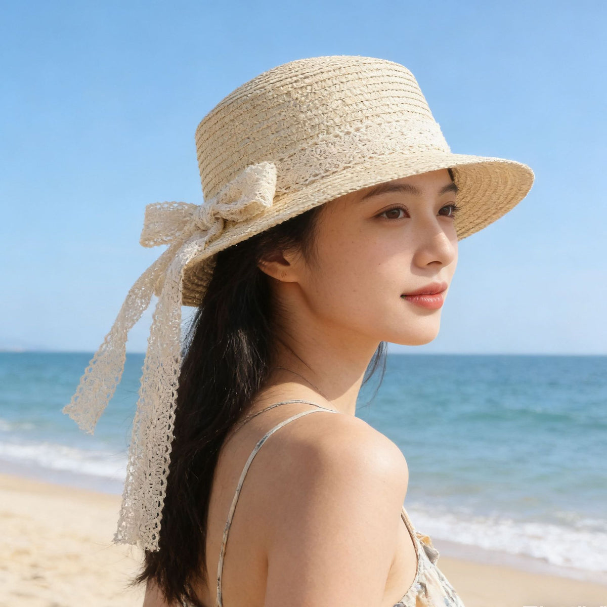 Woven Straw Wide Brim Hat with Lace Ribbon Band