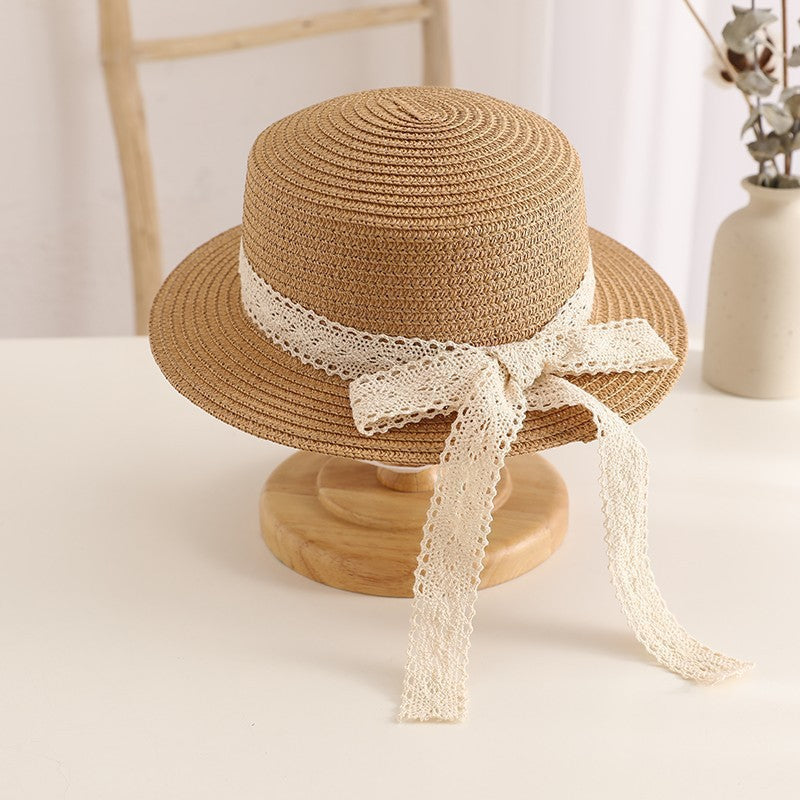 Woven Straw Wide Brim Hat with Lace Ribbon Band