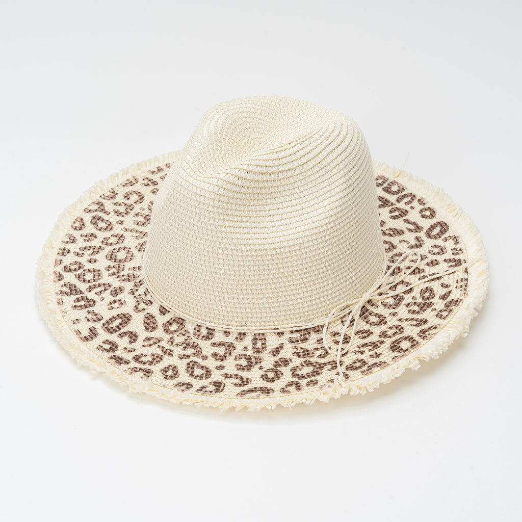 Leopard Print Woven Straw Wide Brim Hat