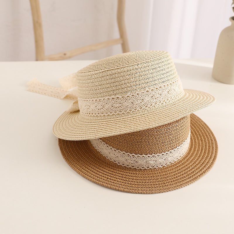 Woven Straw Wide Brim Hat with Lace Ribbon Band