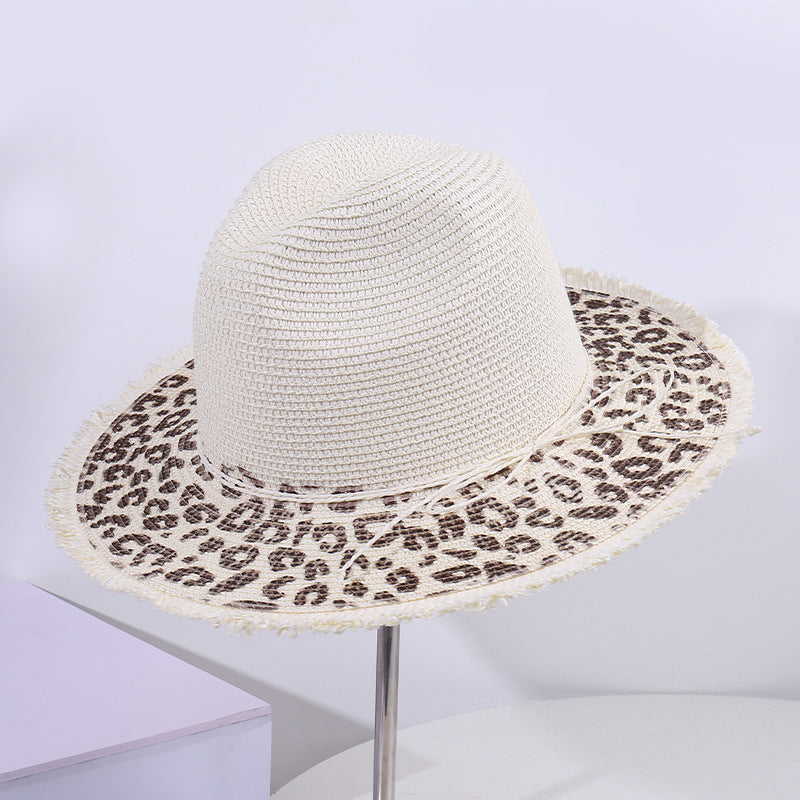 Leopard Print Woven Straw Wide Brim Hat