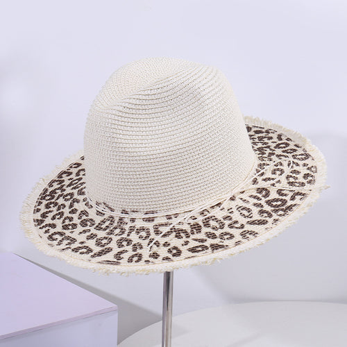 Leopard Print Woven Straw Hat Wide Brim Sun Hat