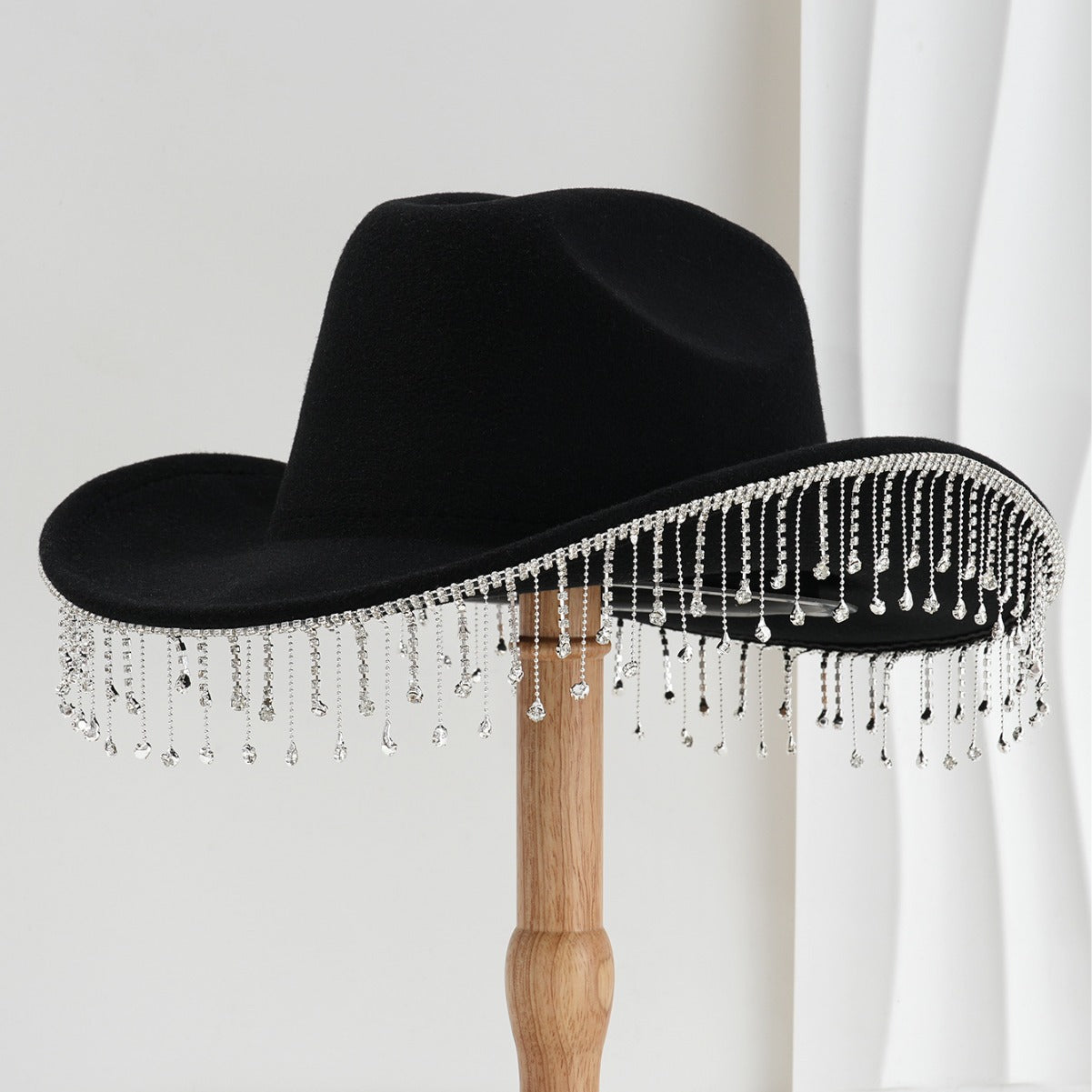 Fringe Decor Wide Brim Cowboy Hat High Crown Design