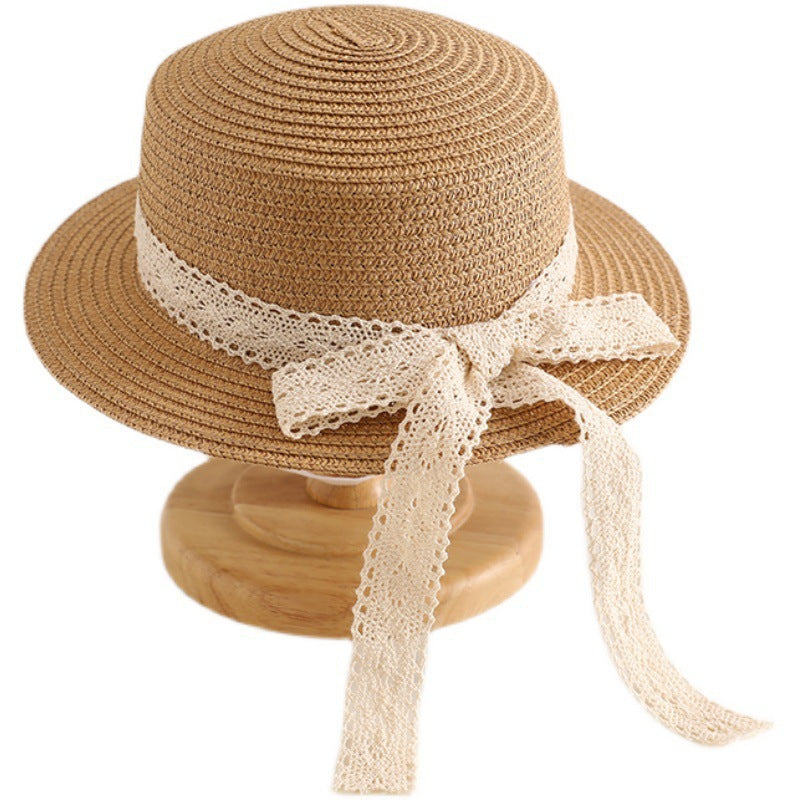 Woven Straw Wide Brim Hat with Lace Ribbon Band