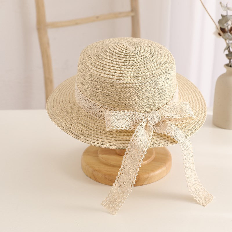 Woven Straw Wide Brim Hat with Lace Ribbon Band