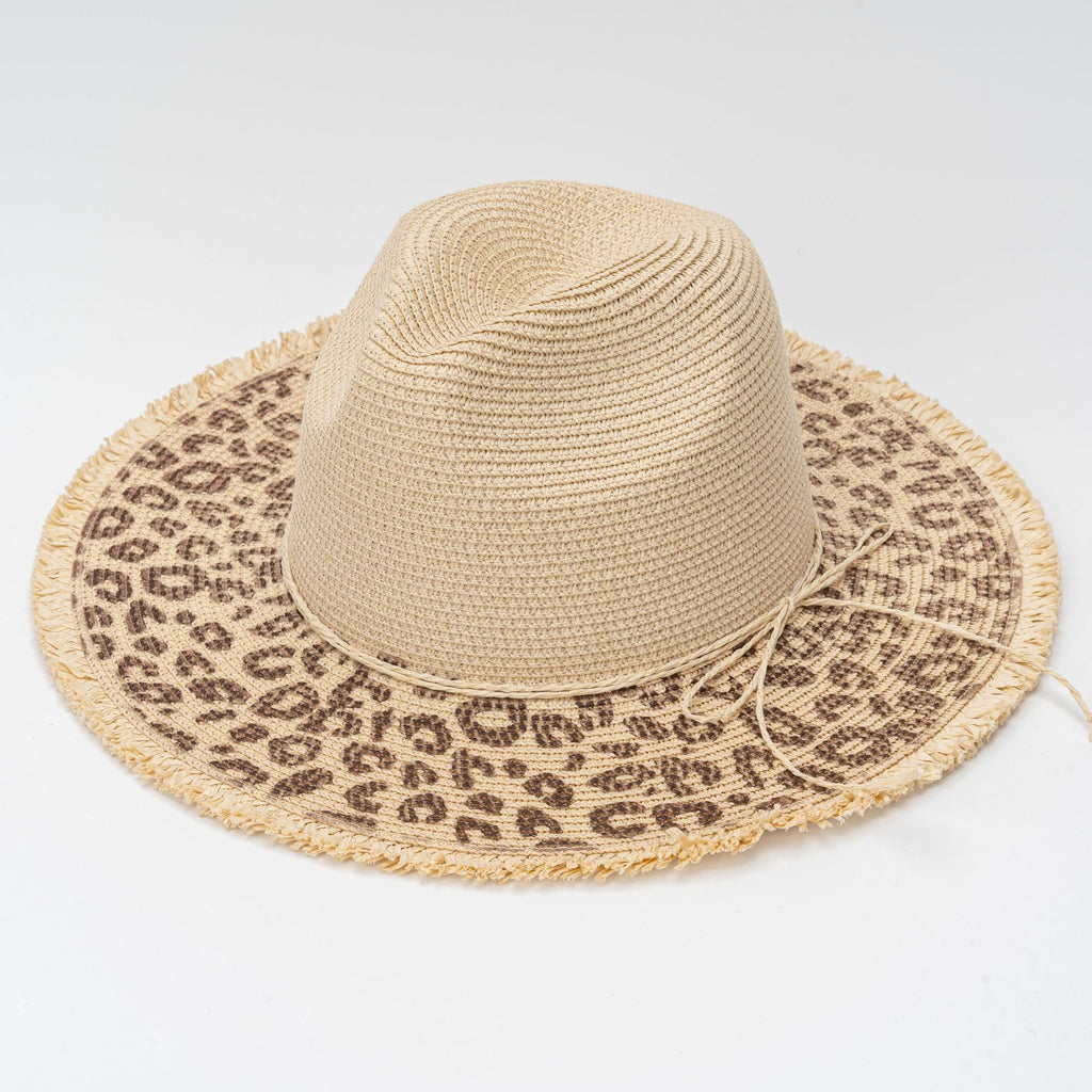 Leopard Print Woven Straw Wide Brim Hat