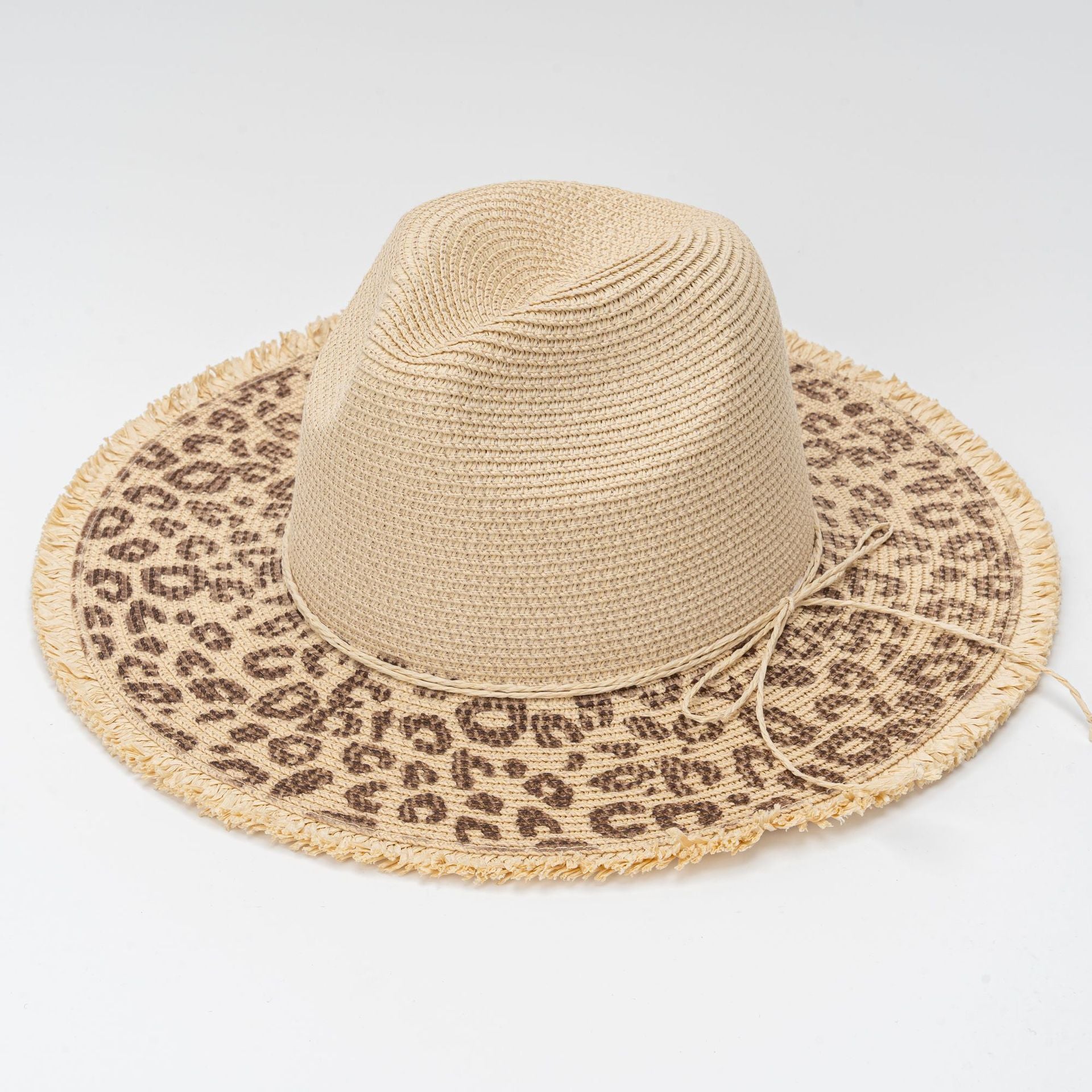 Leopard Print Woven Straw Hat Wide Brim Sun Hat