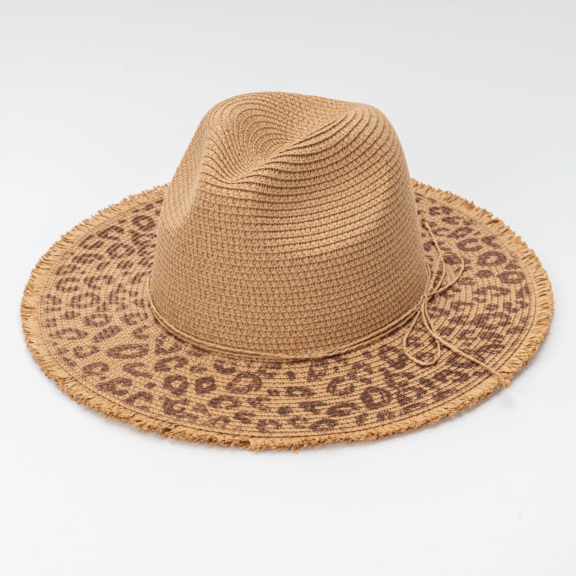 Leopard Print Woven Straw Hat Wide Brim Sun Hat