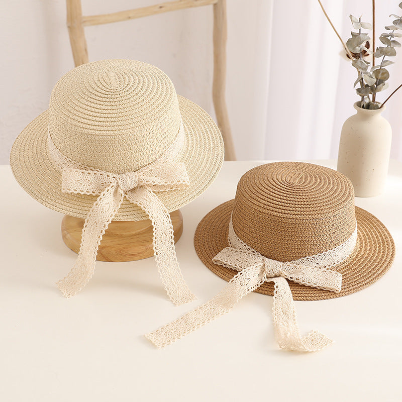 Woven Straw Wide Brim Hat with Lace Ribbon Band