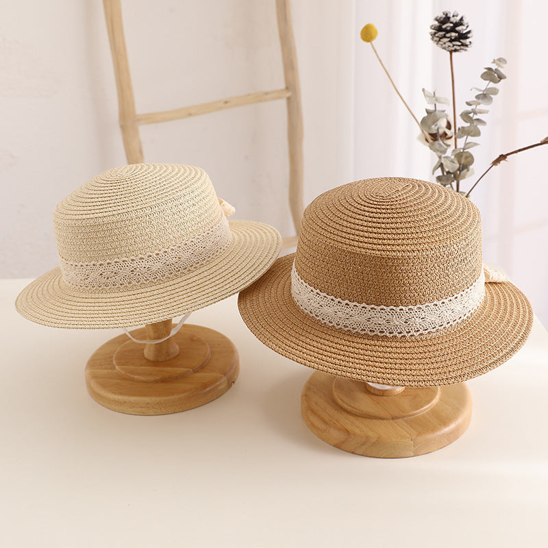 Woven Straw Wide Brim Hat with Lace Ribbon Band